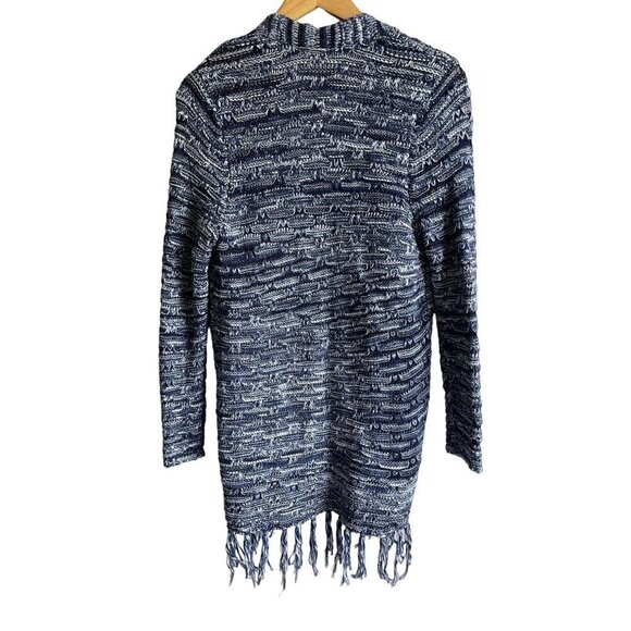 Chico's Spacedye Fringe Anniston Cardigan Size 1/ M Blue White Knit Open Tassel - Picture 2 of 9